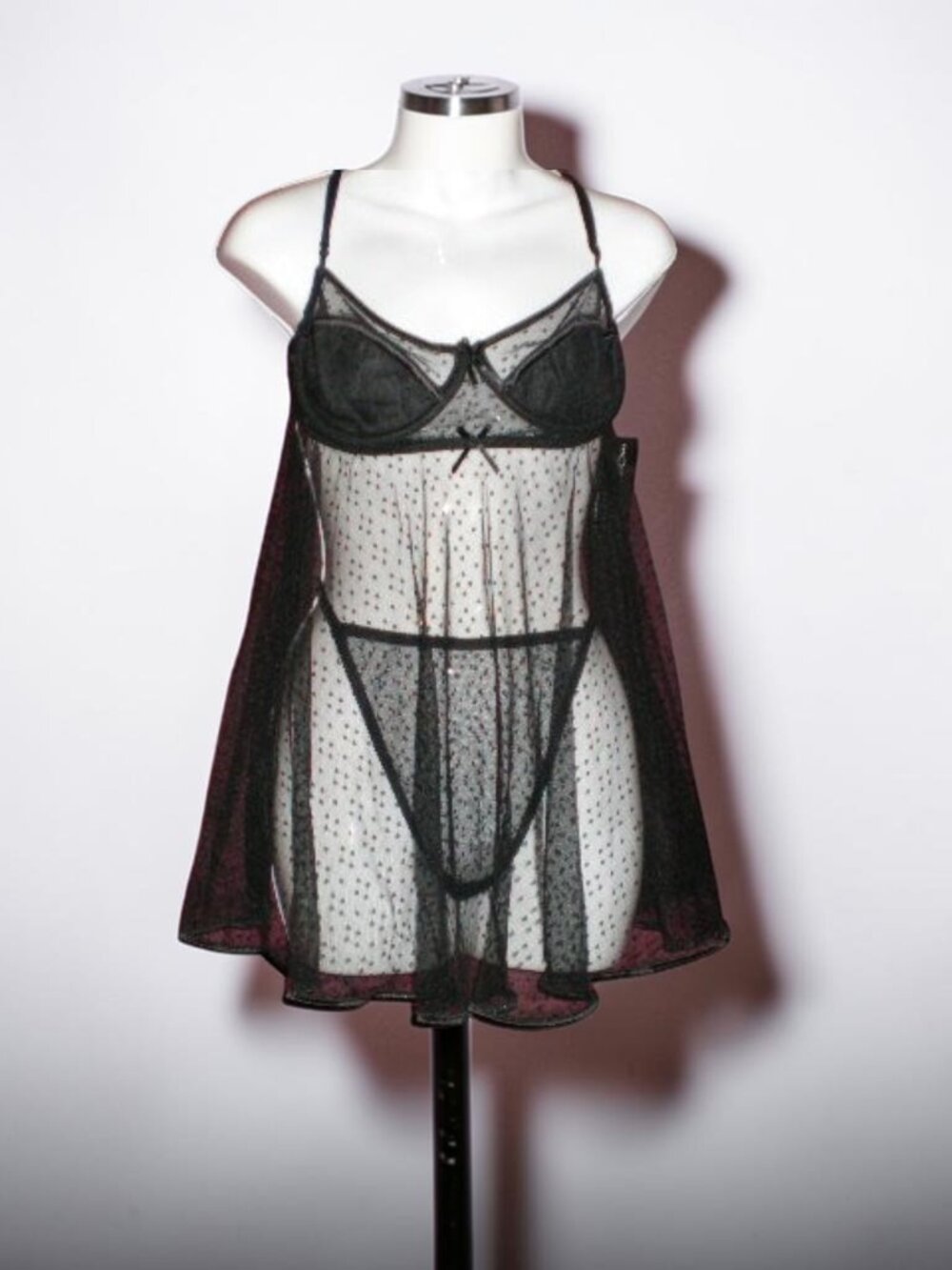 NWT Escante 21539 Black Polka Dot Chemise with Thong size 1X